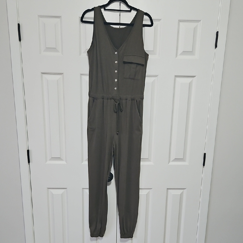 Soft Stretch Sleeveless Olive Green Jogger Jumpsuit Womens Large GUC
